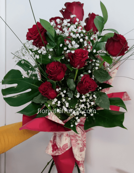 Mazzo lungo di 7 rose rosse e Gypsophila